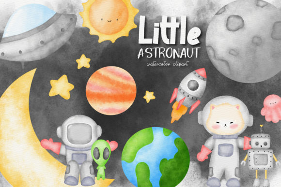 Astronaut Cat Alien Space Watercolor Set Illustrations