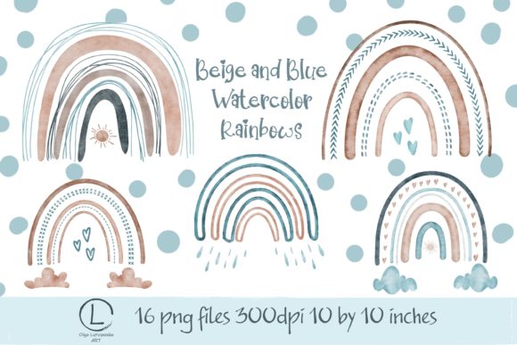 Beige and Blue Watercolor Rainbows PNG & Illustrations