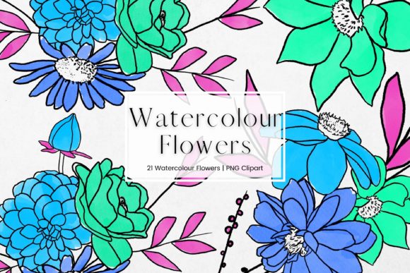 Blue, Green Watercolour Flowers Illustrations