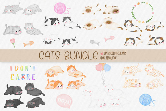 Cats Bundle 43 Clipart Watercolor Illustrations