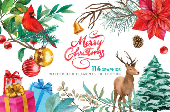 Christmas Watercolor Elements Graphics and Illustrations
