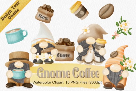 Coffee Gnome Watercolor Clipart Set PNG