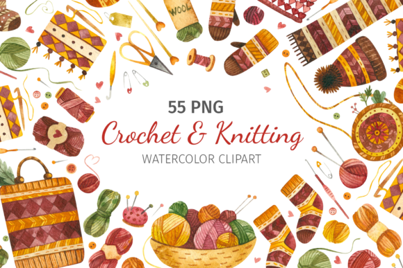 Crochet Knitting, Watercolor Clipart Illustrations
