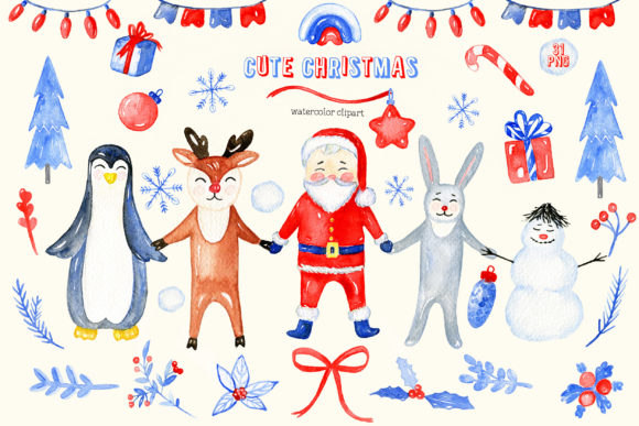 Cute Christmas. Watercolor Clipart for Illustrations