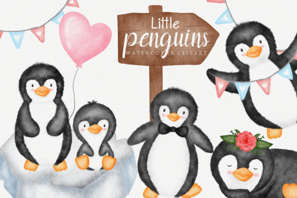 Cute Penguin Watercolor Clipart and Illustrations