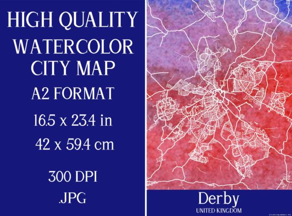 Derby UK Watercolor City Map and Illustrations