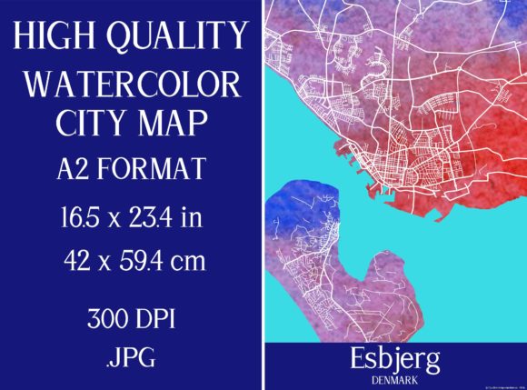Esbjerg Denmark Watercolor City Map Illustrations