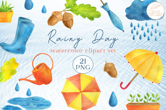 Fall Clipart. Watercolor Rain, Umbrella