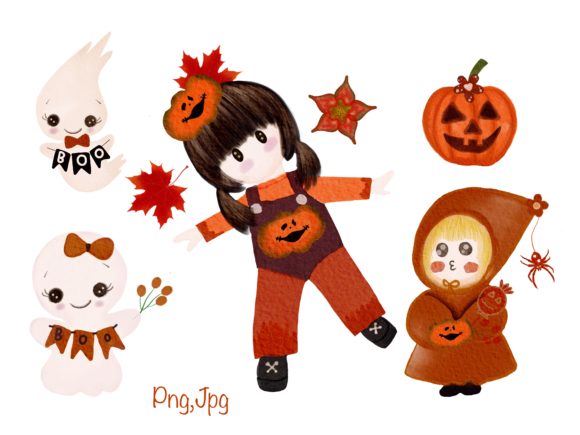 Halloween Kids Watercolor Clipart and Illustrations