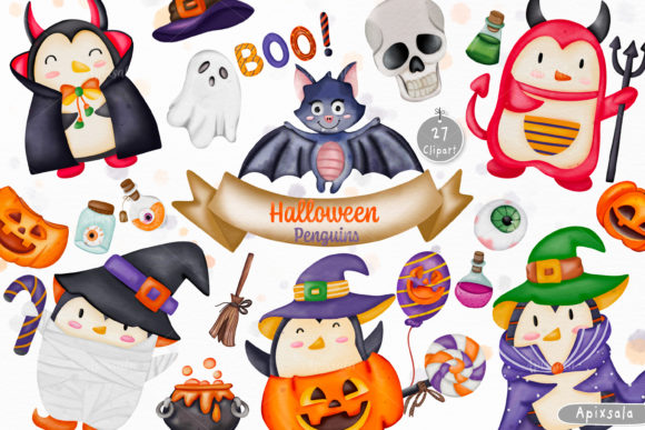 Halloween Penguin Decor Watercolor Illustrations