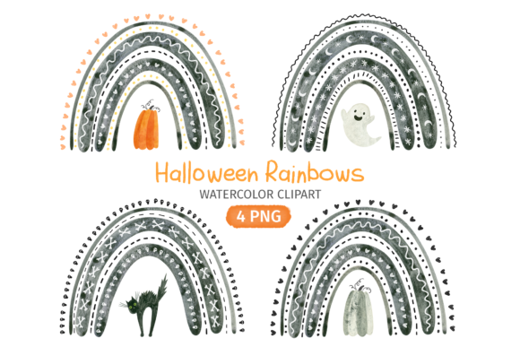 Halloween Rainbows, Watercolor Clipart