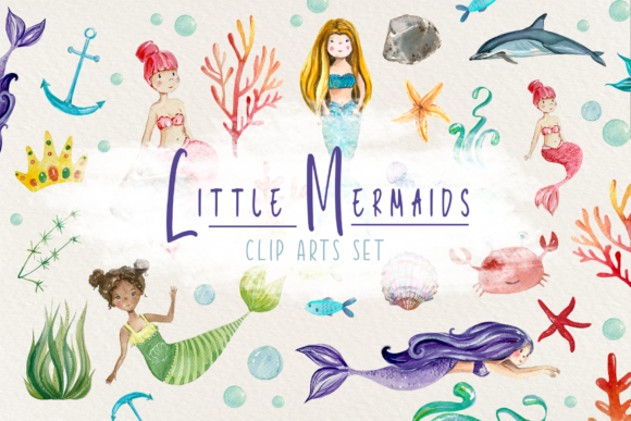 Little Mermaids Watercolor Clip Art Set and Illustrations