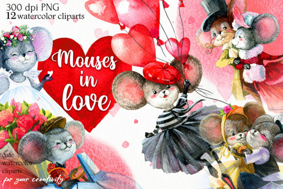 Mice and Love, Watercolor Cliparts PNG