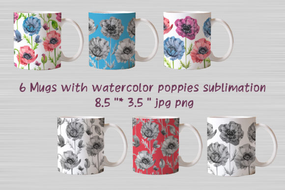 Mugs with Watercolor Poppies Sublimation and Illustrations