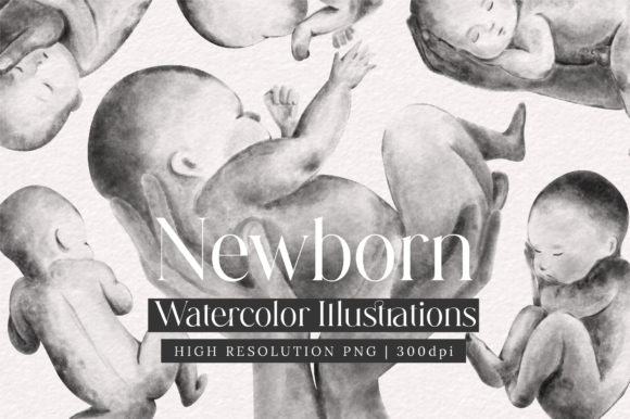 Newborn Baby Watercolor Black and White Illustrations