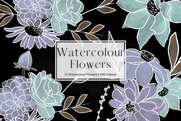 Purple, Green Watercolour Flowers Illustrations