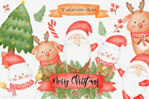 Santa Merry Christmas Watercolor Clipart and Illustrations