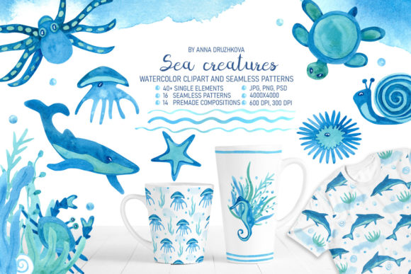 Sea Creatures Watercolor Collection and Illustrations