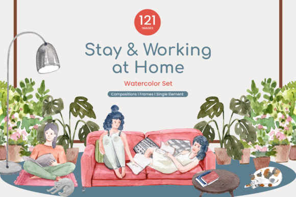 Stay and Working at Home Watercolor Illustrations