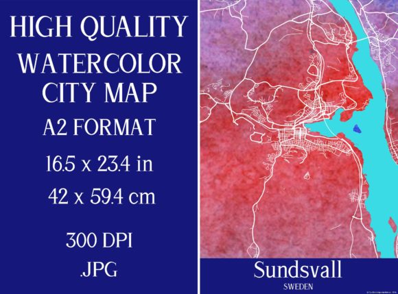 Sundsvall Sweden Watercolor City Map and Illustrations