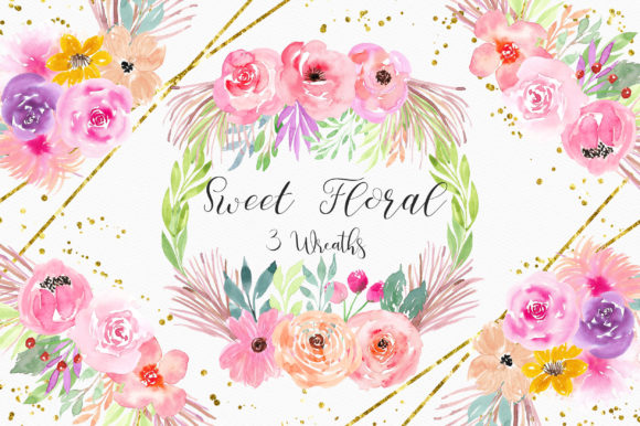 Sweet Floral Wreath Watercolor Clipart & Illustrations