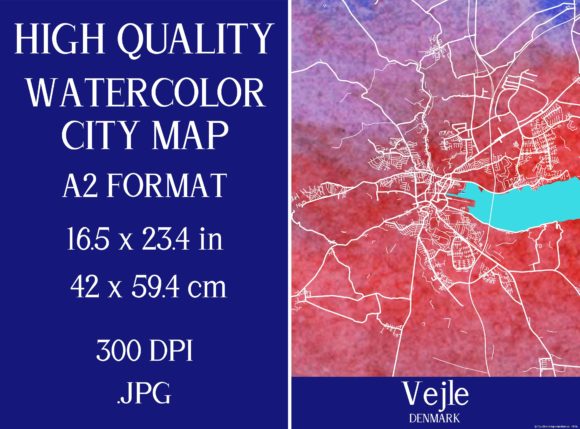 Vejle Denmark Watercolor City Map and Illustrations