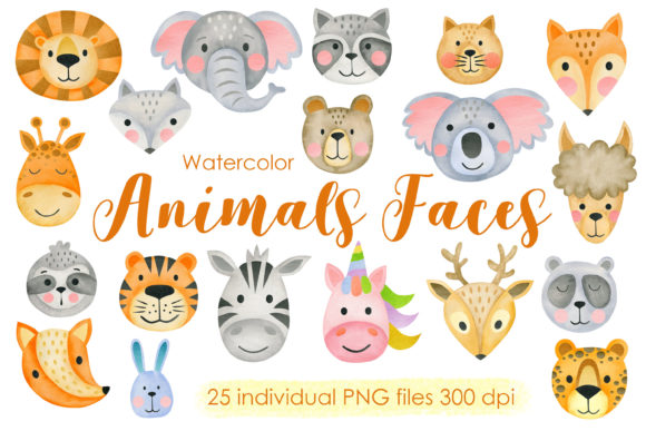 Watercolor Animals Faces Clipart and Illustrations