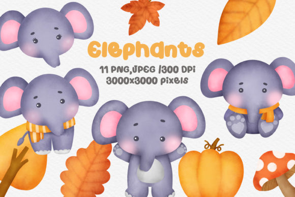 Watercolor Autumn Elephants Clipart and Illustrations