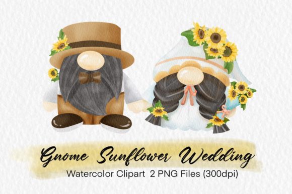 Watercolor Gnome Sunflower Wedding PNG & Illustrations