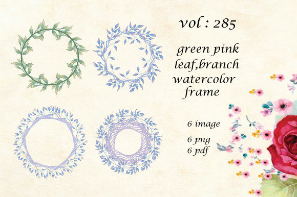 Watercolor Green Pink Leaf Round Frame Illustrations