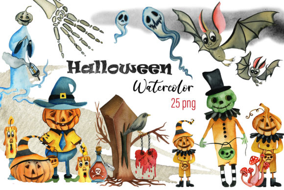 Watercolor Halloween Monsters Collection and Illustrations