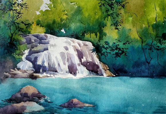 Watercolor Hand Drawn Waterfall in Cave Illustrations