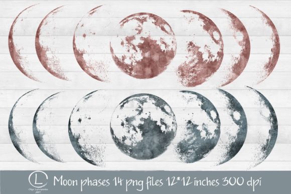 Watercolor Moon Phases Clipart Png Files and Illustrations