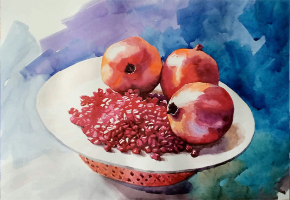 Watercolor Pomegranates on a Plate Illustrations