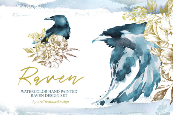Watercolor Raven Clipart Set and Illustrations