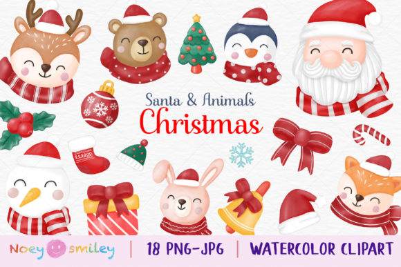 Watercolor Santa Animals Clipart, Xmas Illustrations