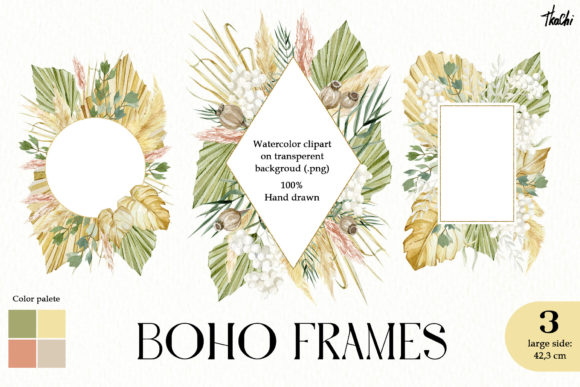 Watercolor Tropical Boho Frame Clipart and Illustrations