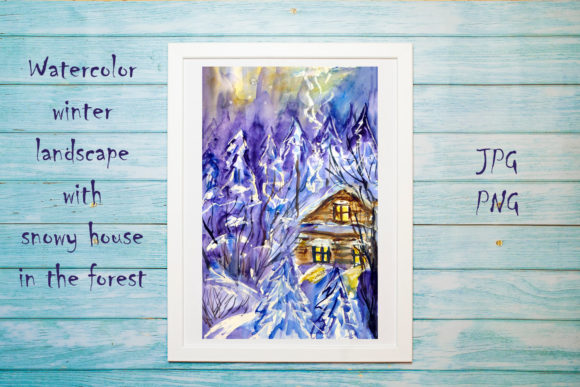 Watercolor Winter Forest Snowy House Illustrations