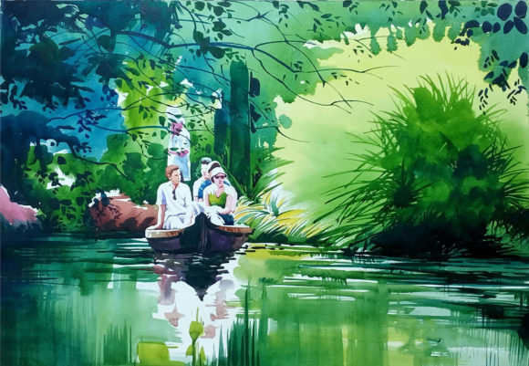 Watercolor Woman in a Tropical Garden