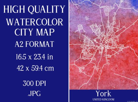 York UK Watercolor City Map Illustrations